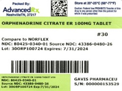 Label 1 (Orphenadrine Citrate Er 100mg 80425 0340 01)